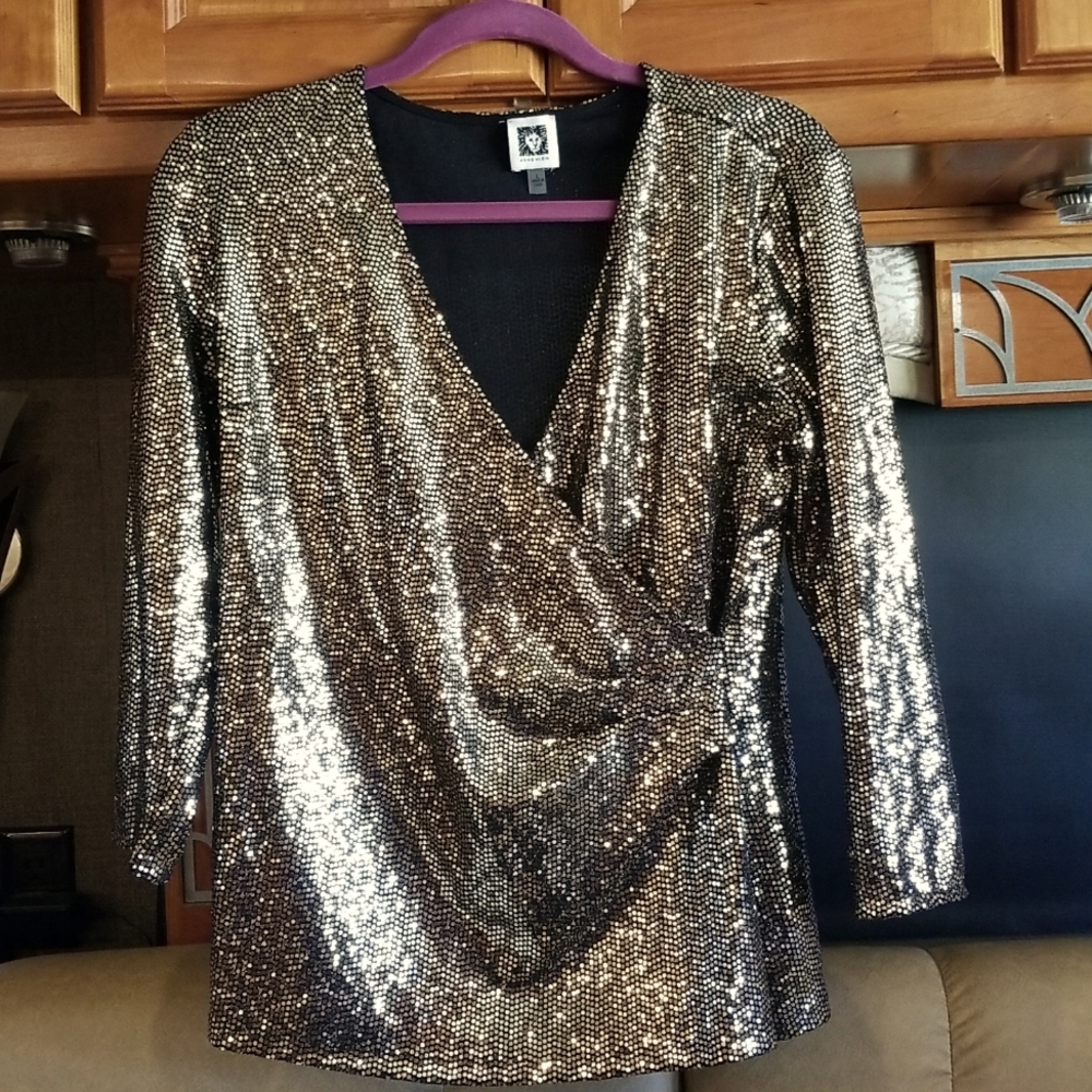 Anne Klein Gold Metallic Sequin 3/4 Sleeve Top NWOT